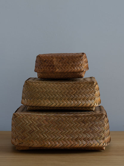 Smoked Bamboo Woven Storage Basket with Lid - Large