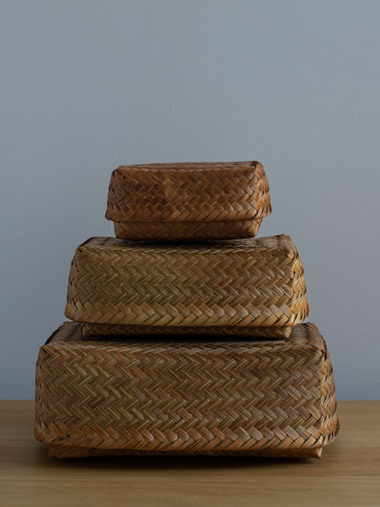Smoked Bamboo Woven Storage Basket with Lid - Medium