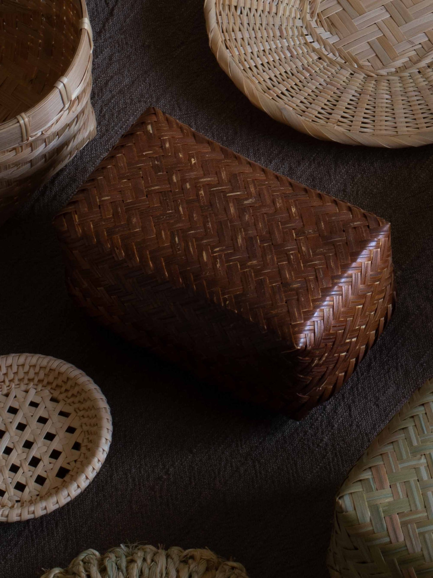 Smoked Bamboo Woven Storage Basket with Lid - Small
